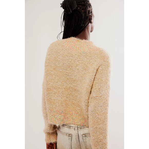 Free People Stardust Pullover Sweater XS Beige Fuzzy Cropped Mock Neck Cozy Boho - Picture 2 of 11